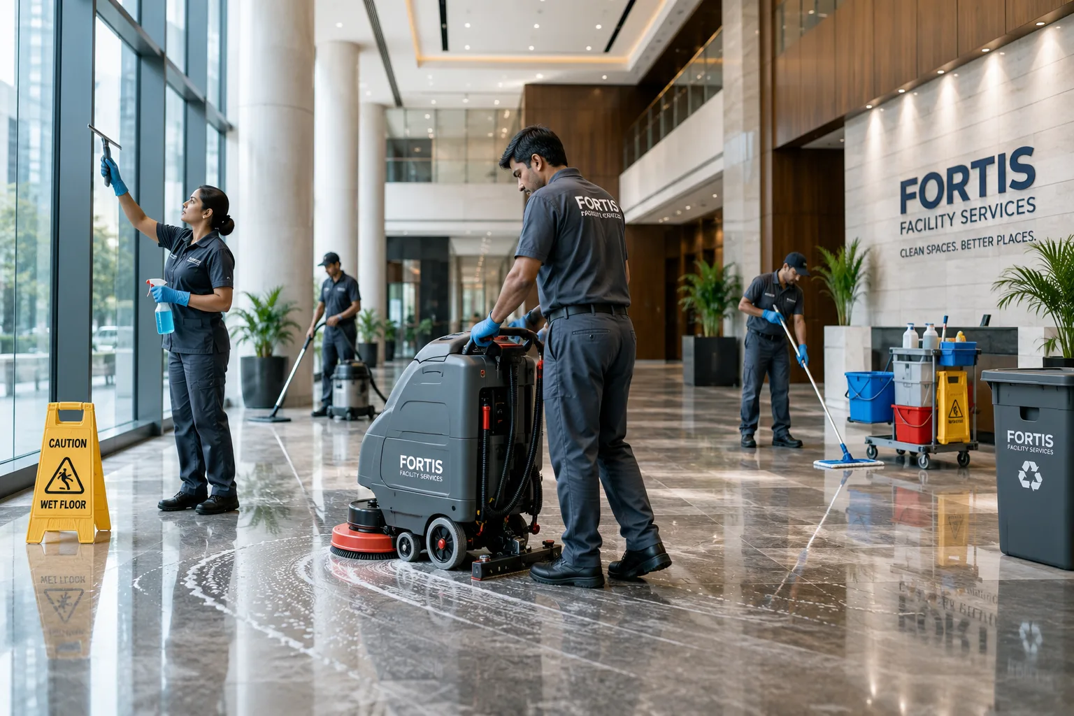 Mechanized floor scrubbing machine in use